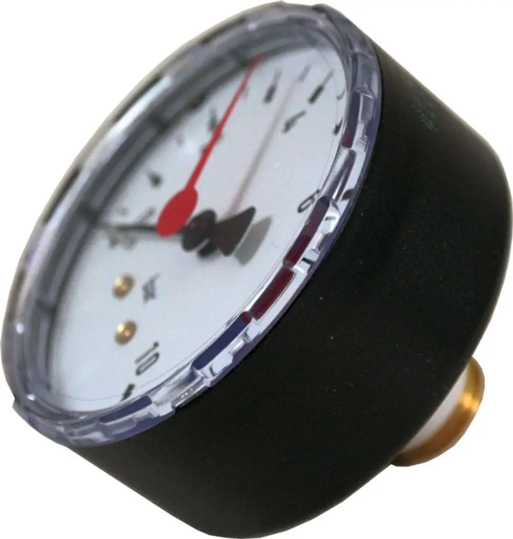 Manometer mit einem runden weißen Zifferblatt, rotem Zeiger und schwarzem Gehäuse, hergestellt von Wolf. Druckskala bis 10 bar, Anschluss für Montage.